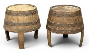PAIR OF OLD COOPERED OAK HALF BARRELS, converted to planters, 67cms (diam.) Provenance: private