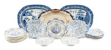 PAIR OF VICTORIAN BLUE & WHITE WILLOW PATTERN MEAT PLATES, 48.5cms (diam.), and assorted other