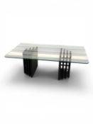 CONTEMPORARY COFFEE TABLE, rectangular plate glass top with rounded corners, on two graduated four-