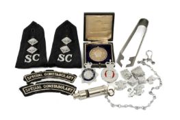 ASSORTED POLICE BADGES & BUTTONS, police whistle with chain, and silver medal inscribed 'Sgt. H.