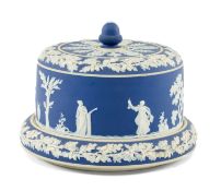 WEDGWOOD TYPE BLUE & WHITE BASALT CIRCULAR CHEESE DISH & COVER, relief decoration of Classical