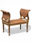 GILT-FRAMED FRENCH STYLE WINDOW SEAT, with caned scroll sides and seat, fluted turned supports,