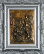 PAIR OF DECORATIVE BRONZED FINISH MOULDED PLASTER PLAQUES, in the Classical taste, mounted within