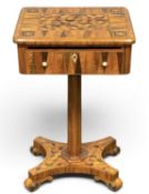 19TH CENTURY PARQUETRY INLAID WORKTABLE, inlaid all over with exotic veneers, rectangular top over