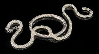 WHITE METAL JEWELLERY, twisted cable bangle bracelet, 7 x 6cms, stamped '925'; and a Byzantine