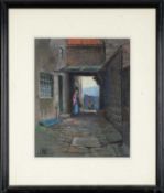 UNKNOWN pastel - figures in yard, stylised monogram within box lower left, dated 1915, 35 x 28.