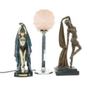 ART DECO STYLE CHROME & FROSTED GLASS TABLE LAMP, 47cms (h); Art Deco style bronze-finish resin