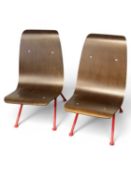 JEAN PROUVÉ ANTONY STYLE SINGLE CHAIRS, with dark brown plywood seat and red enamelled steel