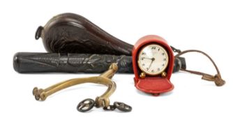 HAWKSLEY, SHEFFIELD EMBOSSED LEATHER SHOT FLASK, pair of nickel spurs, carved bog oak shillelagh,