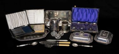 PLATED WARE, including pair of rectangular lidded entrée dishes, cased cutlery, meat tray with