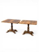 PAIR OF WILLIAM IV ROSEWOOD TEA TABLES, fold-over tops, polished interiors, turned columns to the