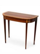 ARTHUR BRETT MAHOGANY DEMILUNE SIDE TABLE, satinwood banding, tapered square supports with spade