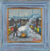 ‡ JAMES DOWNIE (British, b. 1949) oil on canvas - bonfire, signed lower right, 28.5 x 29cms