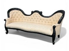 VICTORIAN CARVED EBONISED FRAMED SETTEE, cream floral button-back upholstery, 90 (h) x 207 (w) x