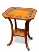 ARTHUR BRETT SHERATON STYLE TWO-TIER OCCASIONAL TABLE, the octagonal top inlaid in exotic woods with