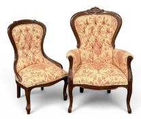 VICTORIAN-STYLE MAHOGANY-FRAMED LADIES' & GENT'S CHAIRS, pink and cream floral upholstery, and a