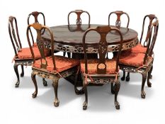 CHINESE HARDWOOD CIRCULAR DINING TABLE with carved and pierced frieze, octagonal pedestal stand, top