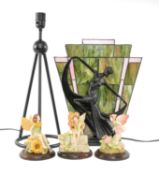 ART DECO STYLE FIGURAL TABLE LAMP, with leaded coloured shade, 42cms (h); contemporary tubular metal