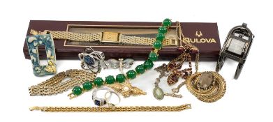 COSTUME JEWELLERY / WATCHES, including green cabochon and yellow metal bracelet, large yellow