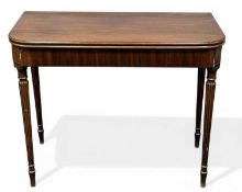 MAHOGANY TEA TABLE, rectangular fold-over top with rounded corners, polished interior, tapered