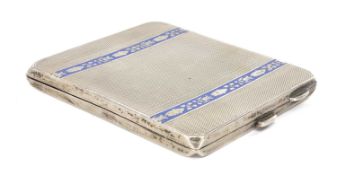 SILVER & ENAMELLED CIGARETTE CASE, Birmingham 1930, engine turned decoration throughout, 9.5 x 8.
