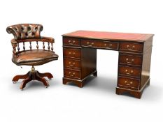 REPRODUCTION MAHOGANY PEDESTAL DESK, serpentine top with gilt tooled inset leather writing
