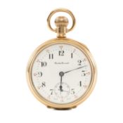 TRENTON RECORD GOLD-PLATED POCKET WATCH, keyless, white enamel dial with black Arabic numerals and
