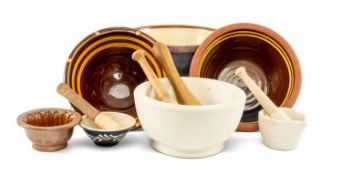 STUDIO / ART POTTERY, including two Buckley ware type bowls, slip glazed, 26cms (diam.); salt glazed