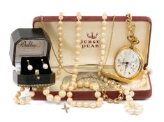 PAIR OF CULTURED PEARL PENDANT EARRINGS, mounted in 9ct gold with butterfly posts; cultured pearl