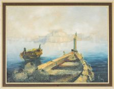 UNKNOWN CONTINENTAL 20TH CENTURY oil on board - fishing boats and netting, indistinctly signed lower