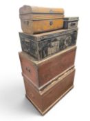 ASSORTMENT OF 19TH CENTURY TRUNKS, two pine and three metal, largest 50 (h) x 90 (w) x 53cms (d)