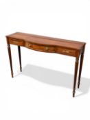 ARTHUR BRETT MAHOGANY BOW FRONT CONSOLE TABLE, cross banded and strung top over centre drawer,