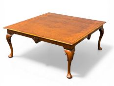 ARTHUR BRETT LARGE WALNUT COFFEE TABLE, square top with feather banding and cross banding, moulded