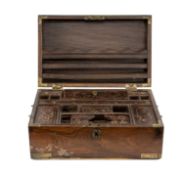 INDIAN HARDWOOD BRASS-MOUNTED CAMPAIGN STYLE BOX, with brass reenforced corners, brass line inlays