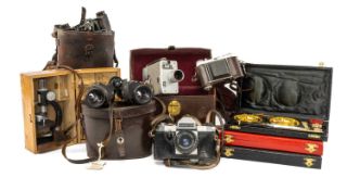 VINTAGE BINOCULARS & CAMERAS, including W. Watson & Sons 1918 war issue, in Ross case; others