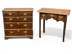 19TH CENTURY DWARF OAK CHEST of two short and three long drawers, brass drop handles and shaped