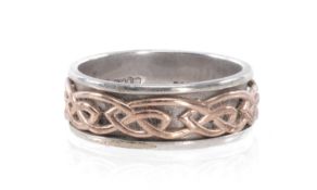 CLOGAU SILVER & GOLD BAND RING, with Celtic design, size R, 4.8g, in Clogau box and outer box