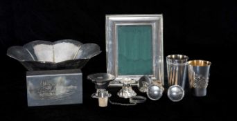 SILVER / WHITE METAL COLLECTABLES, including large matchbox holder, engraved with riverscape
