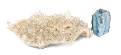 QUARTZ CRYSTAL FIELD SAMPLE, 55 x 38cms; quartz and blue lace agate geode quarter, 18cms (2)