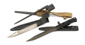 THREE STEEL BAYONETS, including 'Pig Sticker' with canvas frog, marked 'M.E. Co.' 1952 Provenance:
