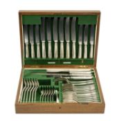OAK-CASED CANTEEN OF WALKER & HALL PLATED CUTLERY, for six persons, 42 pieces Provenance: private