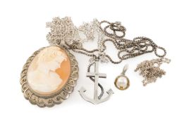 STERLING SILVER ANCHOR PENDANT NECKLACE, silver and cultured pearl pendant, cameo pendant necklace