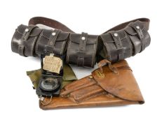 LEATHER PISTOL HOLSTER, leather ammunition belt, and bakelite-cased marching compass in nylon