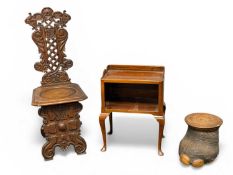FURNITURE ASSORTMENT, comprising oak hall chair with ornately carved and pierced back, solid seat,