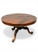 WILLIAM IV ROSEWOOD BREAKFAST TABLE, circular tilt-top on carved scrolled base, 74 (h) x 129cms (