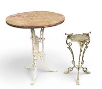 VICTORIAN CAST IRON & LATER SLATE-TOPPED TABLE, 74 (h) x 66cms (w); and a cast brass jardinière