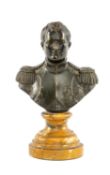 FRENCH BRONZE BUST OF NAPOLEON, signed Renault, cast in military dress, raised on yellow marble