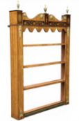 SATINWOOD & INLAID OPEN DISPLAY SHELF, in the Sheratons style, surmounted with three gilt urn