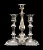 PAIR OF SILVER-PLATED CANDLESTICKS, of Queen Anne form, octagonal stepped bases, knopped columns,