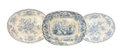THREE VICTORIAN BLUE & WHITE TRANSFER PRINTED MEAT PLATES, largest 45cms (diam.) Provenance: private